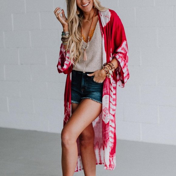 🚨 1 LEFT! JANIS Tie-Dye Longline Kimono w/Full Sleeves Berry - Picture 7 of 9